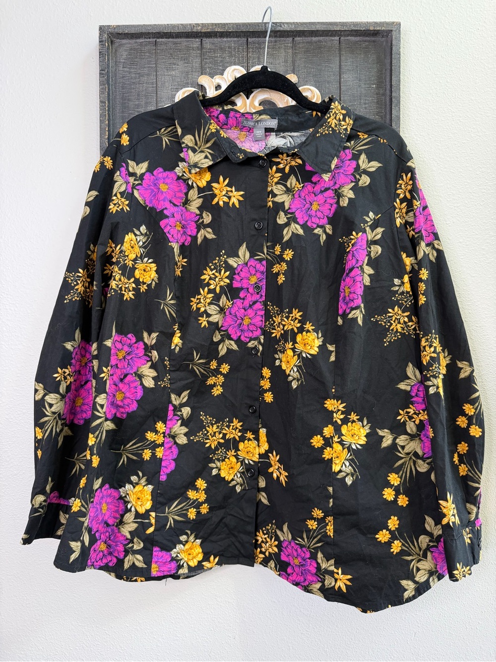 Jessica London Black Button-Up Blouse with Purple & Yellow Floral Print